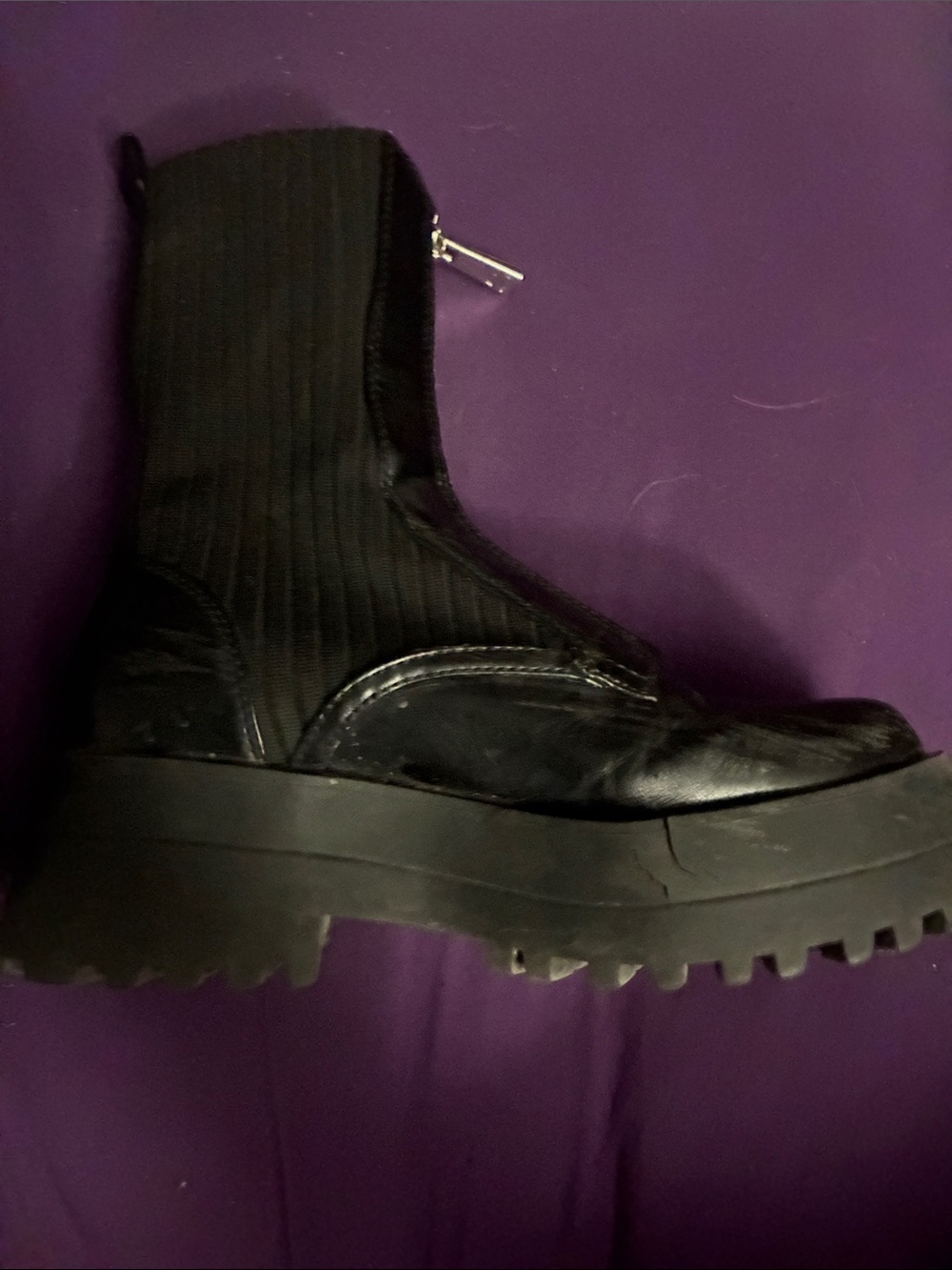 Zara Black Ribbed Platform Lug-Zip Ankle Boots - Picture 2 of 6